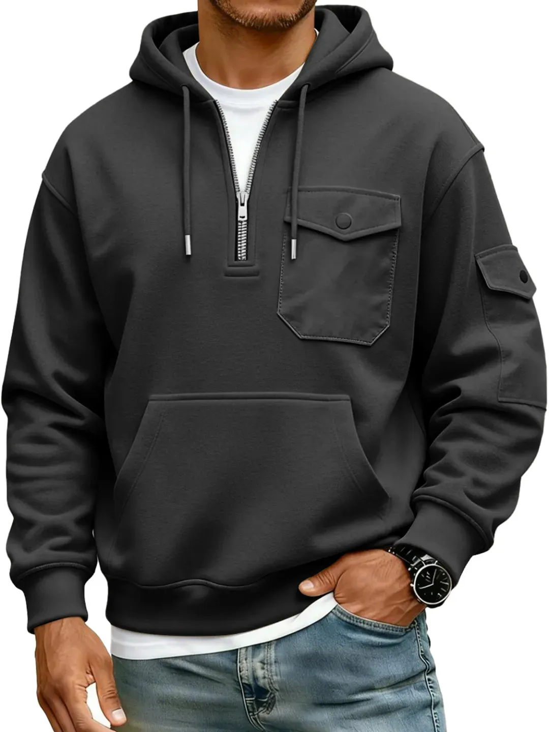 Men's Multi-Pocket Zipper Hooded Casual Workwear Sweatshirt