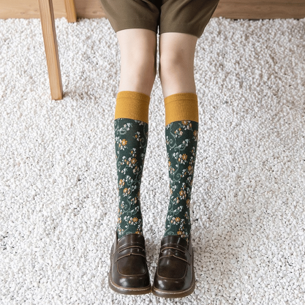 4 Pairs Womens Floral Long Cotton Socks