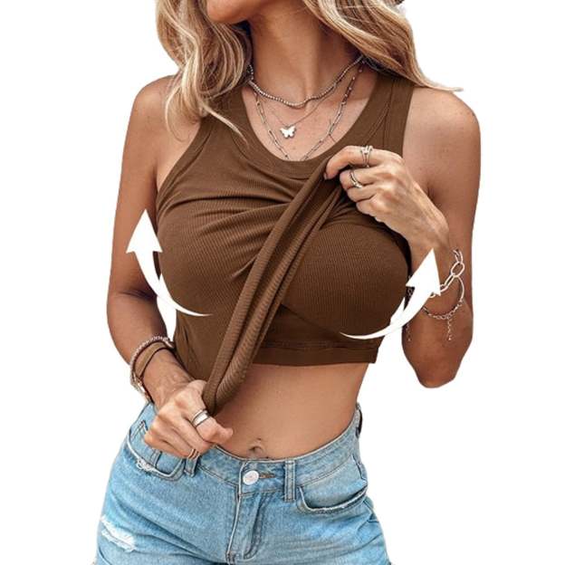 Chicme Round Neck Built-in Bra Ribbed Tank Top Fit Casual Comfortable