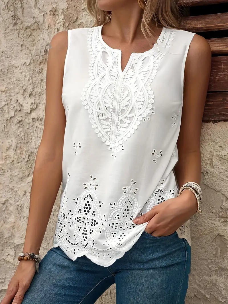 [Holiday Cheer] Women's Elegant White Lace V-Neck Tank Top - Intricate Geometric Patterns, Scalloped Hem, Semi-Sheer Summer Fashion Blouse, Summer Fashion Top | Vneck Blouse | Woven Texture, Lace Tank Top