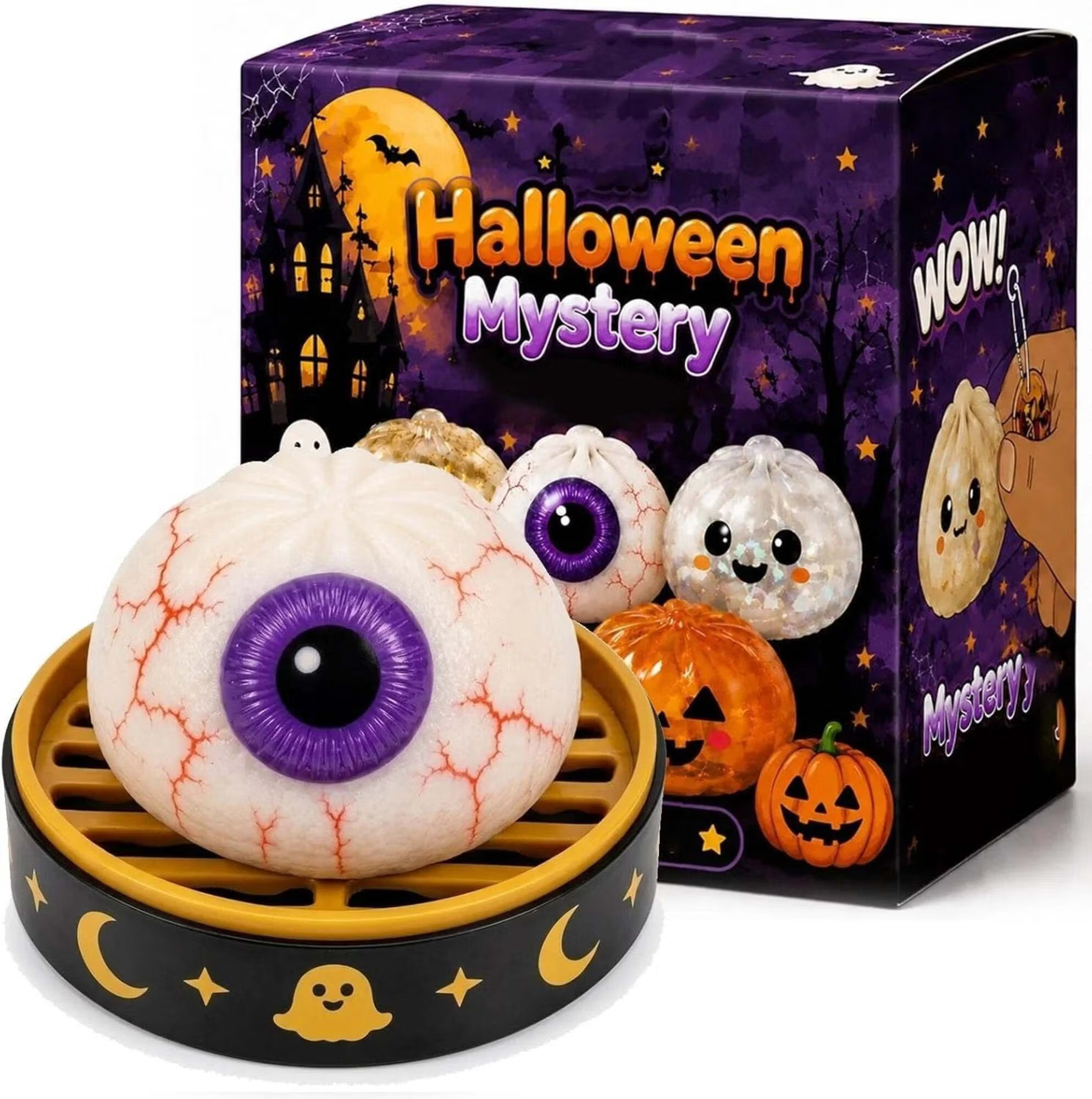 Halloween Mystery Glitter Dumpling Squishy Box Set, Ghost Pumpkin Eyeball Design, Soft Stress Relief Fidget Toy, Party Favor Gift for Boys/Girls