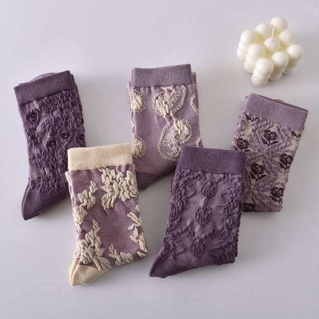 5 Pairs Women's Purple Vintage Floral Cotton Socks