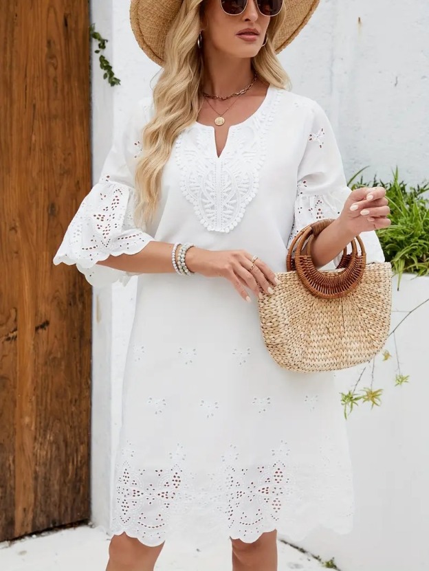 [Elegant Summer Dress] 100% Polyester Elegant Women's Summer Dress | Notched V-Neck with Flared Sleeves, Geometric Pattern Embroidery, Fitted Woven Dress for Spring/Summer/Fall, Long Summer Dress