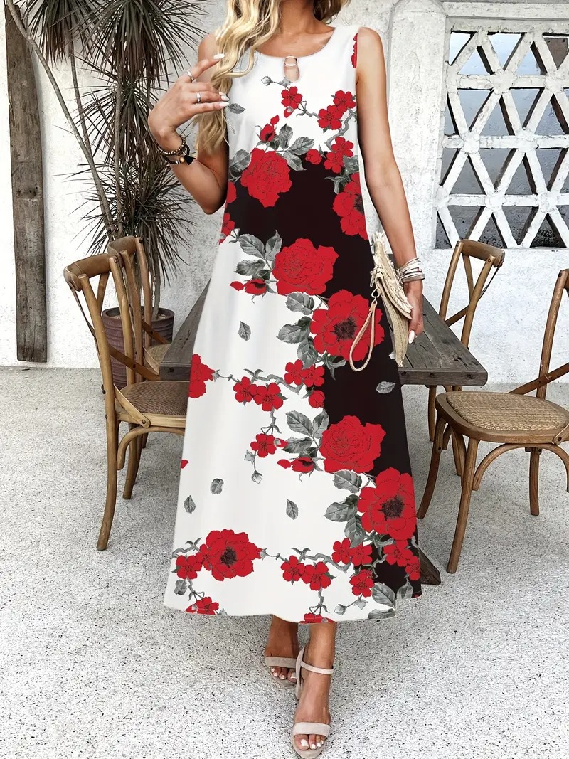 Summer Long Floral Print Pocket Waist Dress