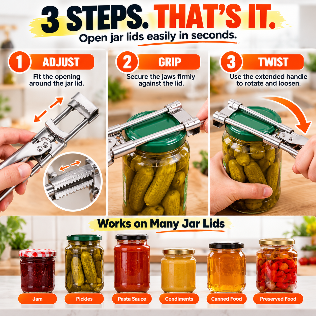 Three simple steps to use adjustable jar opener