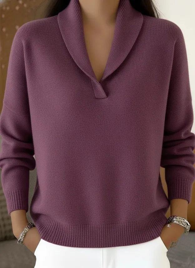 Women's Elegant 80s Shawl Collar Solid Color Pullover Sweater Top