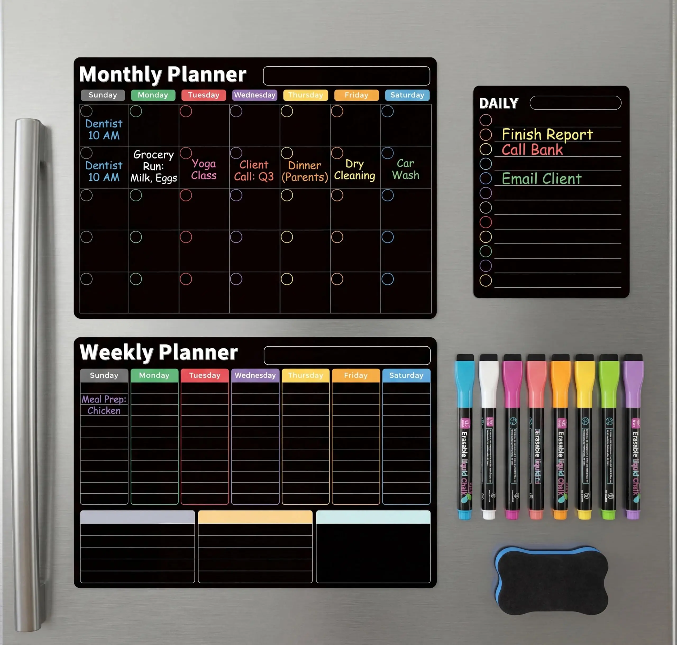 AUVIREC Magnetic Black Calendar for Refrigerator (3-Pack, Ships Flat) - 17"x12" Monthly, Weekly & Daily Planner with Lined Grids - Nano-Tech Dry Erase Fridge Board, 8 Neon Liquid Chalk Markers