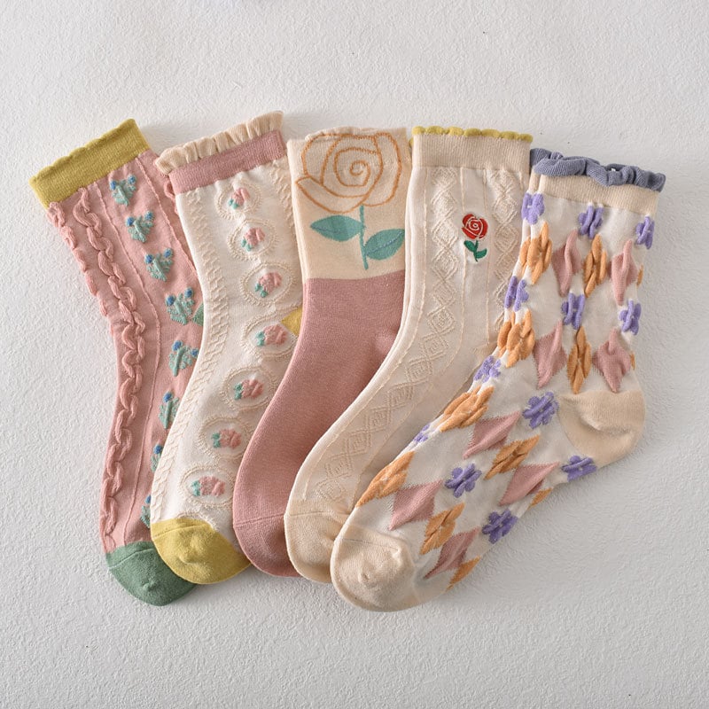5 pairs of women's pink floral cotton socks