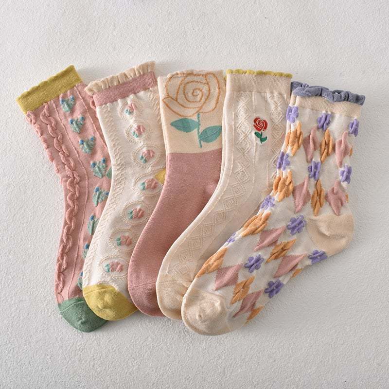 5 pairs of women's pink floral cotton socks