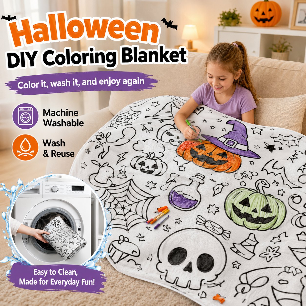 🎃Halloween Themed DIY Colour-In Blanket Kit for Kids🌈🖋️Comes with Fabric Markers