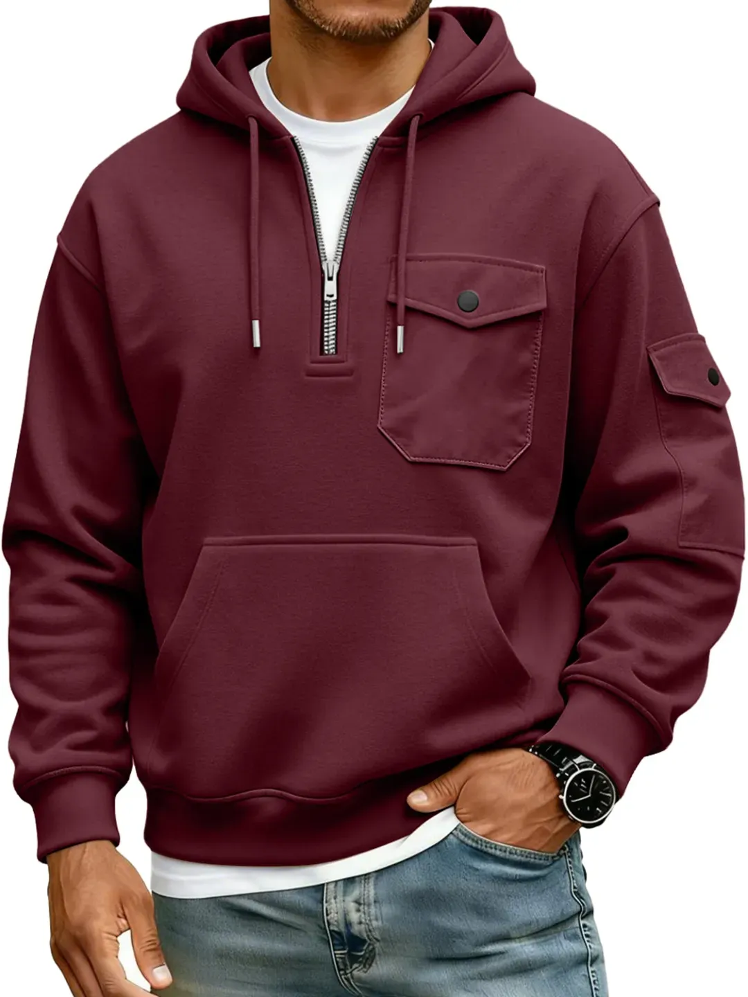 Men's Multi-Pocket Zipper Hooded Casual Workwear Sweatshirt