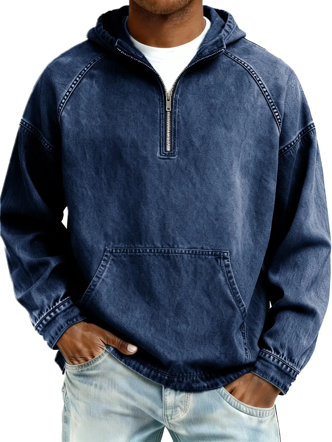 Men's Retro Distressed Raglan Sleeve Pocket Hooded Sweatshirt