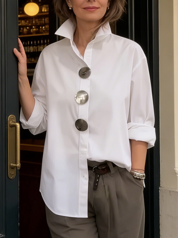 Elegant Stand-collar Metal Buttons Cotton Linen Blouse
