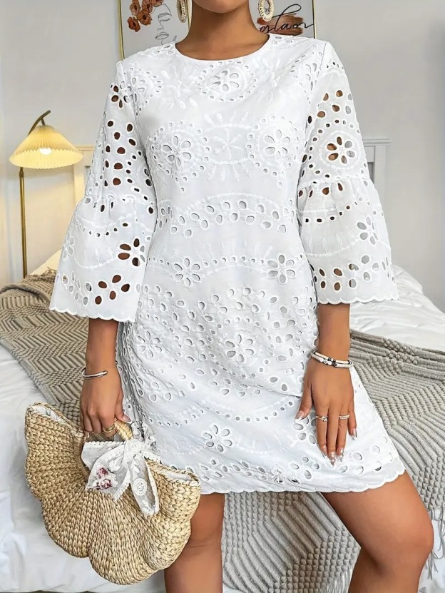 Elegant White Embroidered Eyelet Dress - Lightweight Polyester