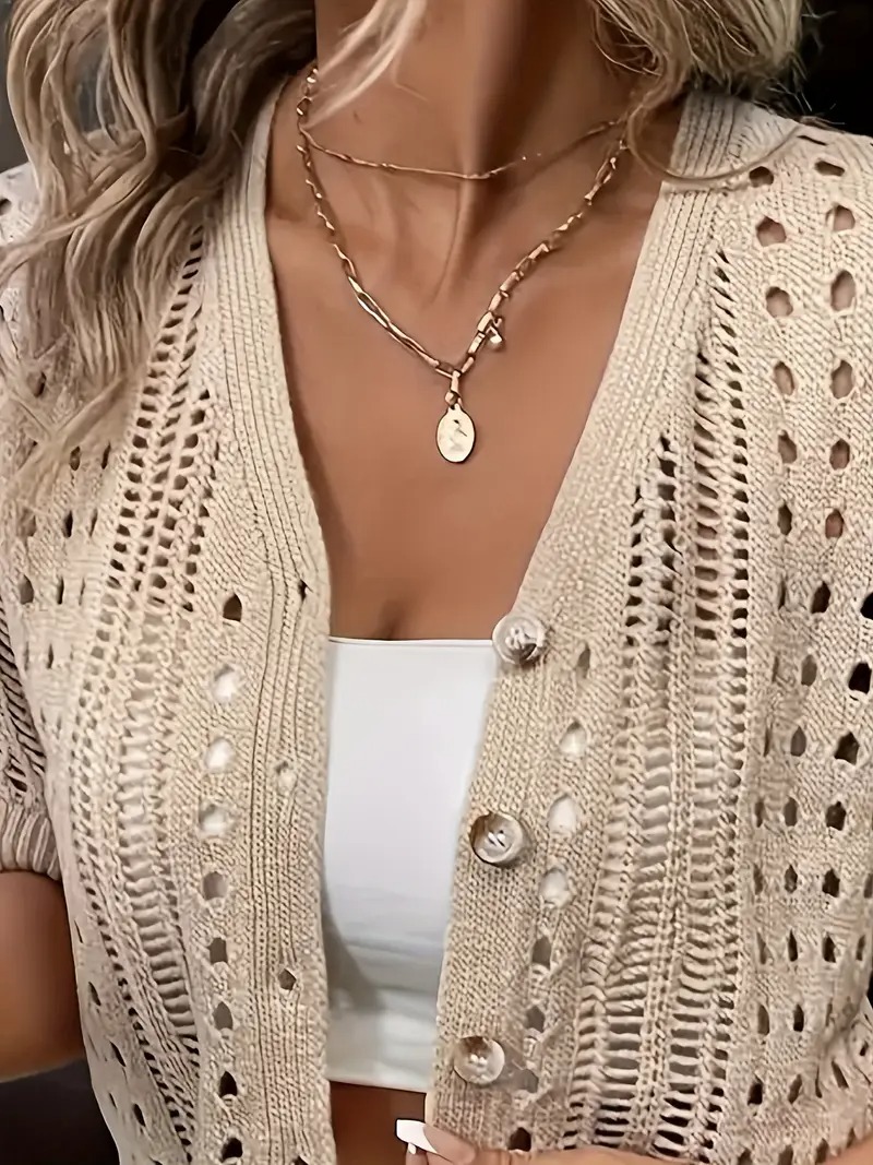 Breathable Viscose Elegant V-Neck Knit Cardigan for Women - Short Sleeve, Hollow-Out Design - Perfect for Spring/Summer/Fall