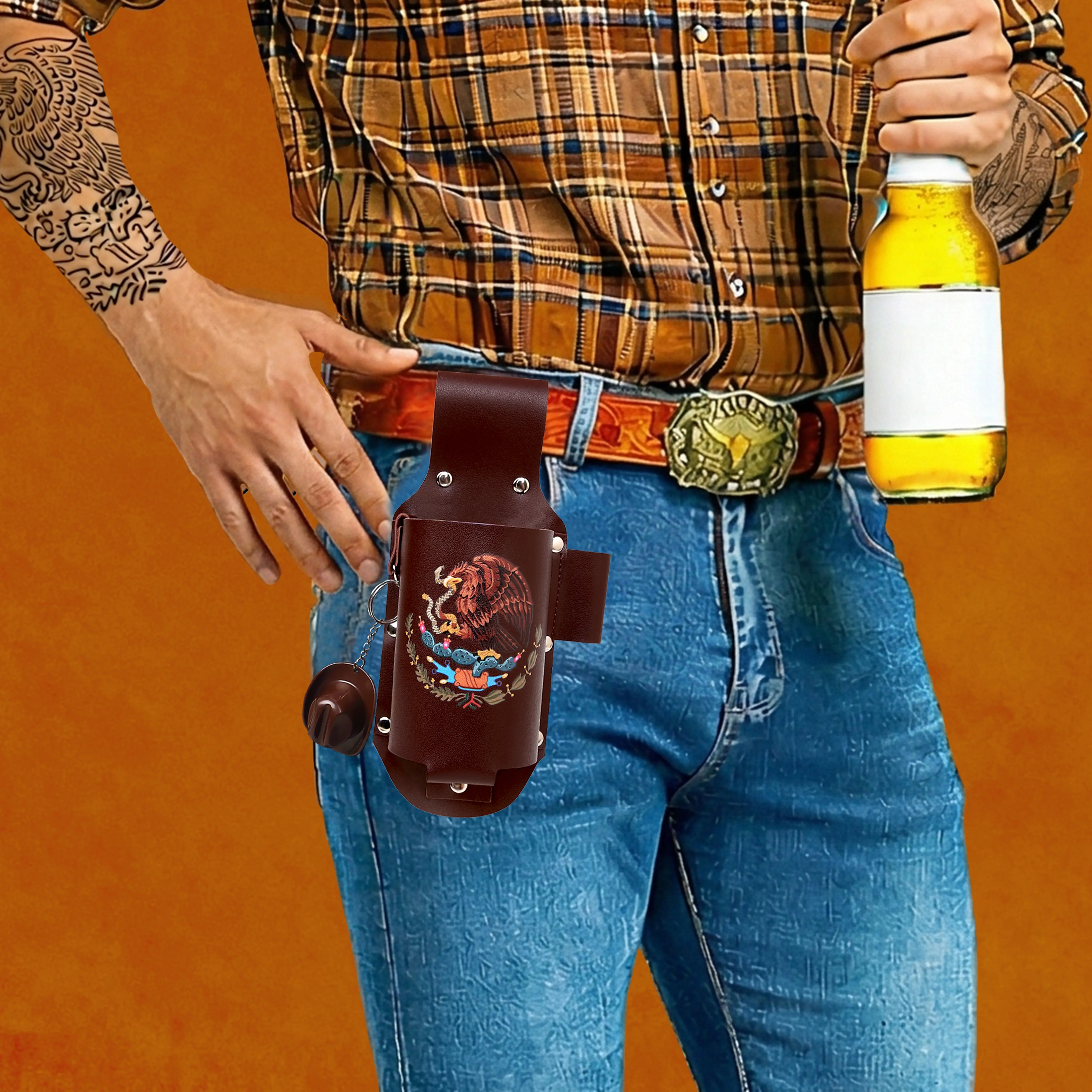 WIRILLCH Leather Drink Holster Belt &ndash; Hands-Free Beer Holder for Cinco de Mayo, World Cup 2026, BBQ, Game Day, Camping & Latin Festivals | Funny Gift for Husband or Boyfriend or Mum