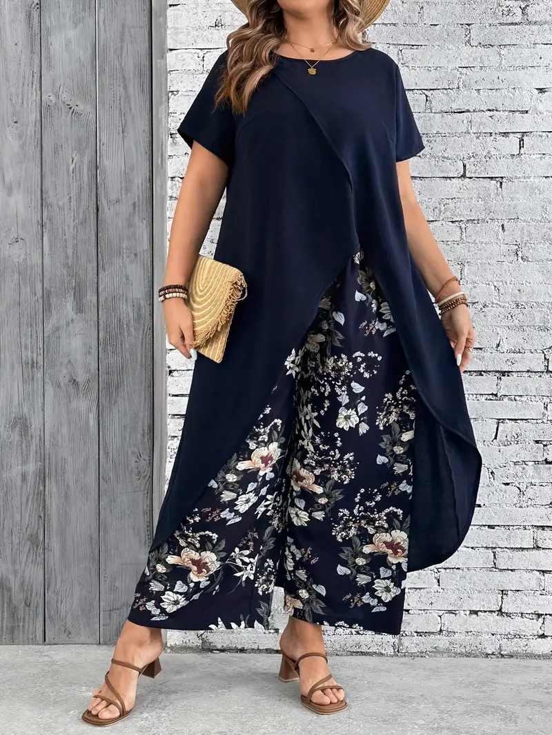 Ladies Plus Size Crew Neck Floral Short Sleeve Casual Pants Set