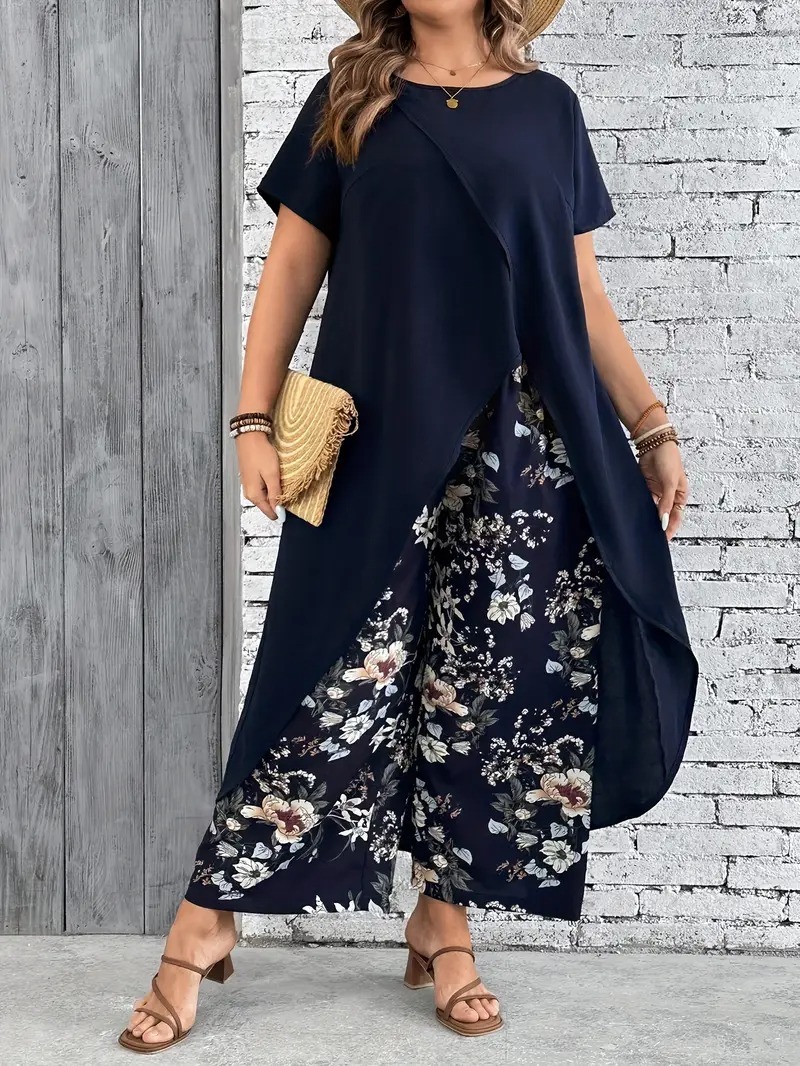Ladies Plus Size Crew Neck Floral Short Sleeve Casual Pants Set