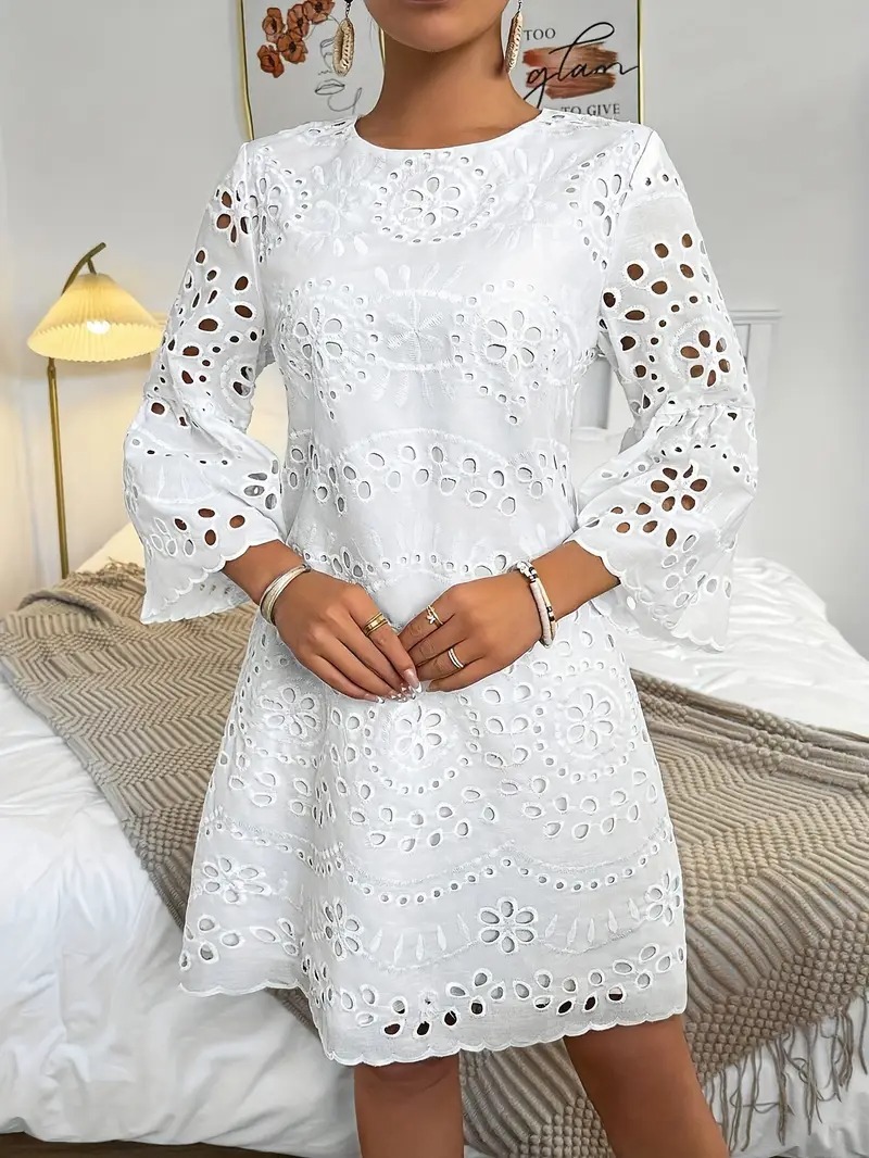 Elegant White Embroidered Eyelet Dress - Lightweight Polyester