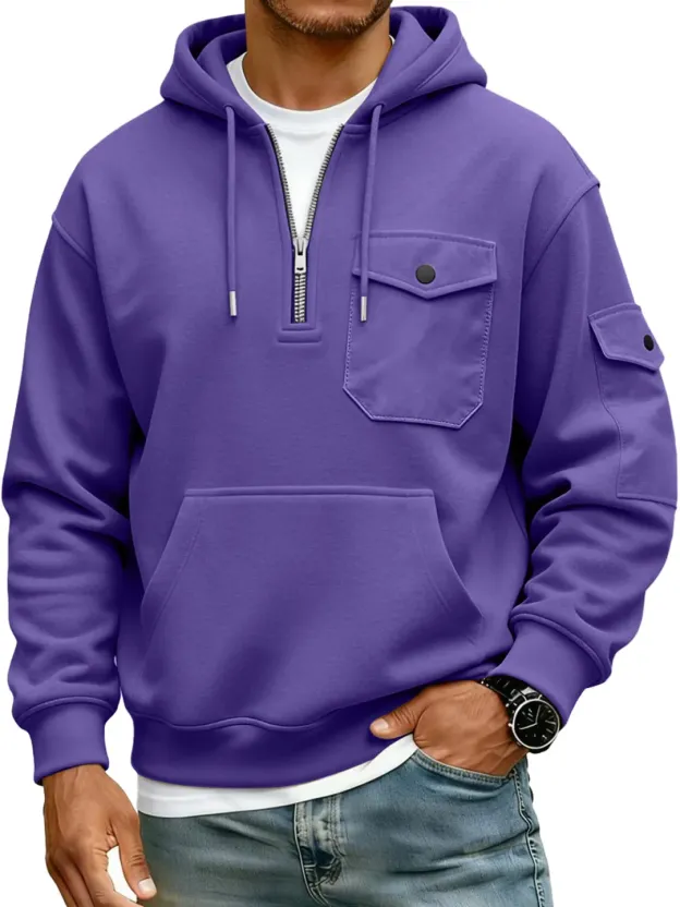 Men's Multi-Pocket Zipper Hooded Casual Workwear Sweatshirt