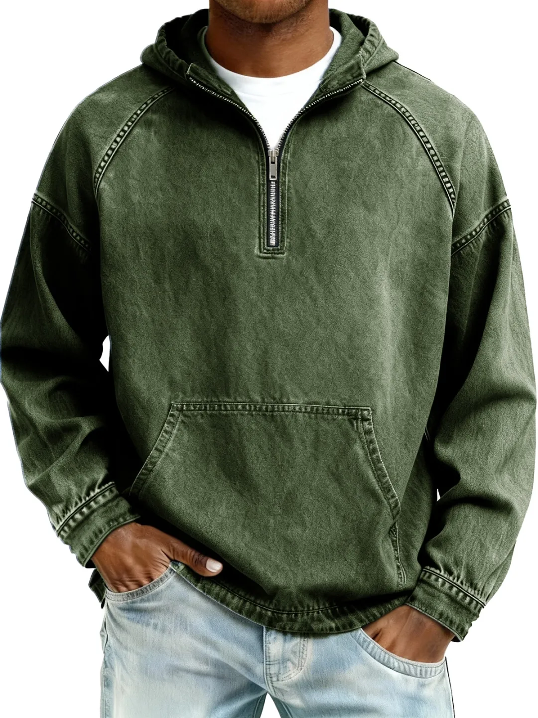 Men's Retro Distressed Raglan Sleeve Pocket Hooded Sweatshirt