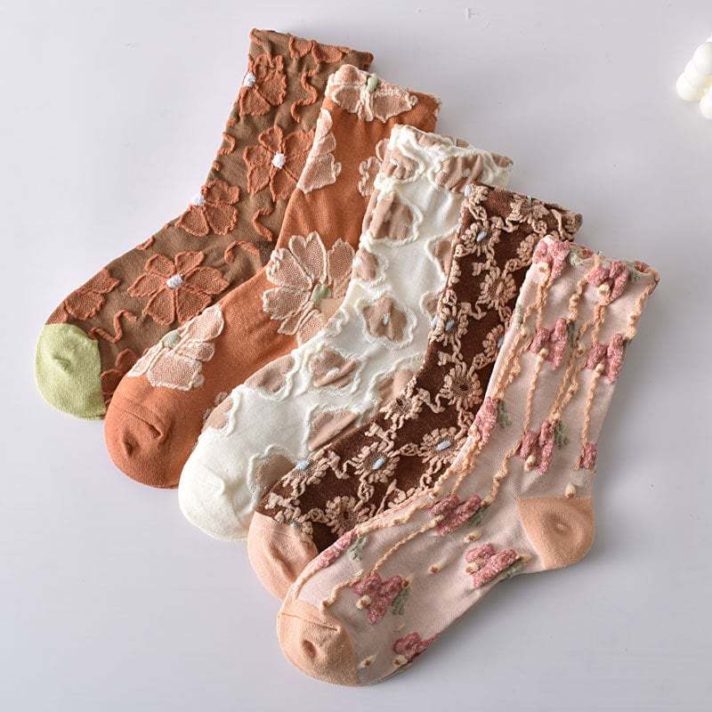 5 Pairs Women's Elegant Embossed Floral Cotton Socks
