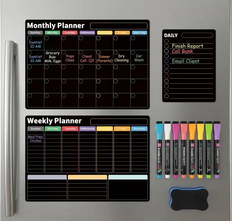 AUVIREC Magnetic Planner Set for Fridge 🧲 – 3-Pack (17"x12") Monthly, Weekly & Daily Boards 📅 – Dry Erase + 8 Neon Markers ✨