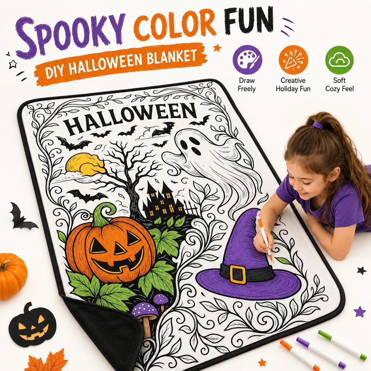 🎃Halloween Themed DIY Colour-In Blanket Kit for Kids🌈🖋️Comes with Fabric Markers