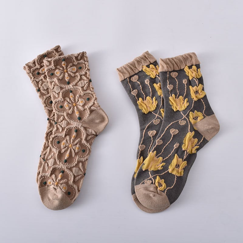 5 Pairs Women's Embossed Floral Cotton Socks