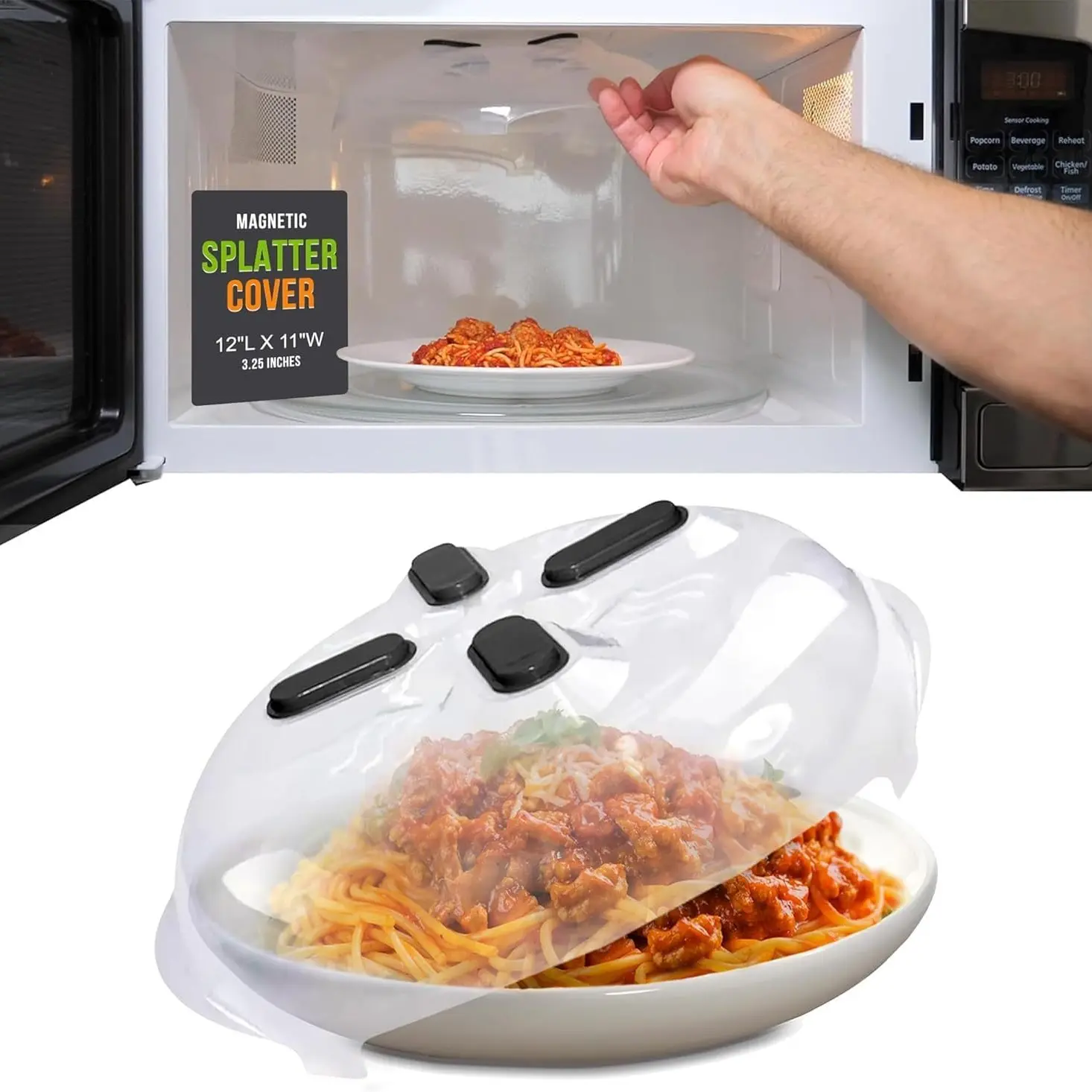 HOVER COVER Magnetic Splatter Cover, 12-Inch Clear BPA-Free Food Lid, Vented Plate Guard with Steam Vents, Anti-Splash Microwave Lid, Dishwasher Safe, Space-Saving Magnetic Storage