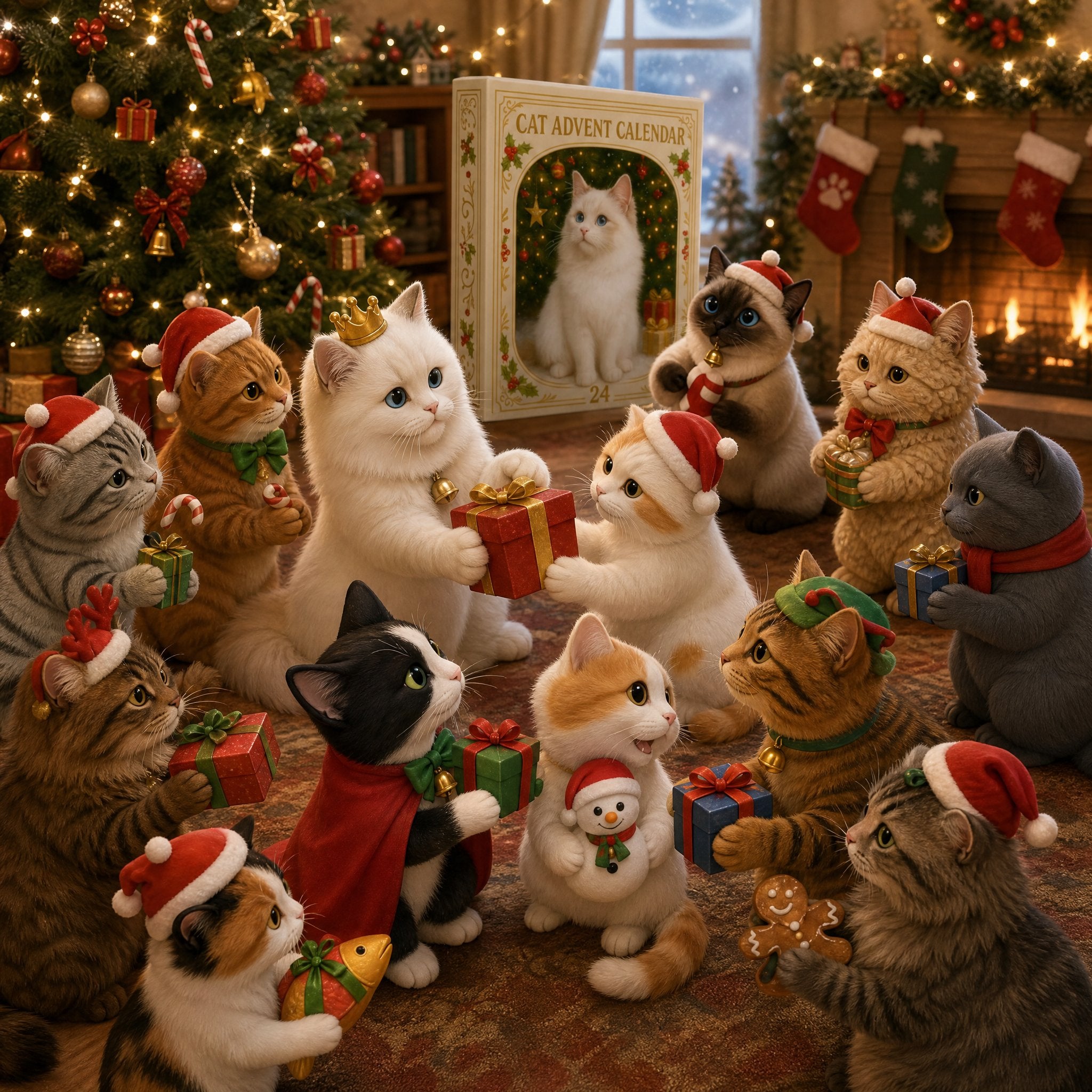 Festive Christmas cats gathered around gifts