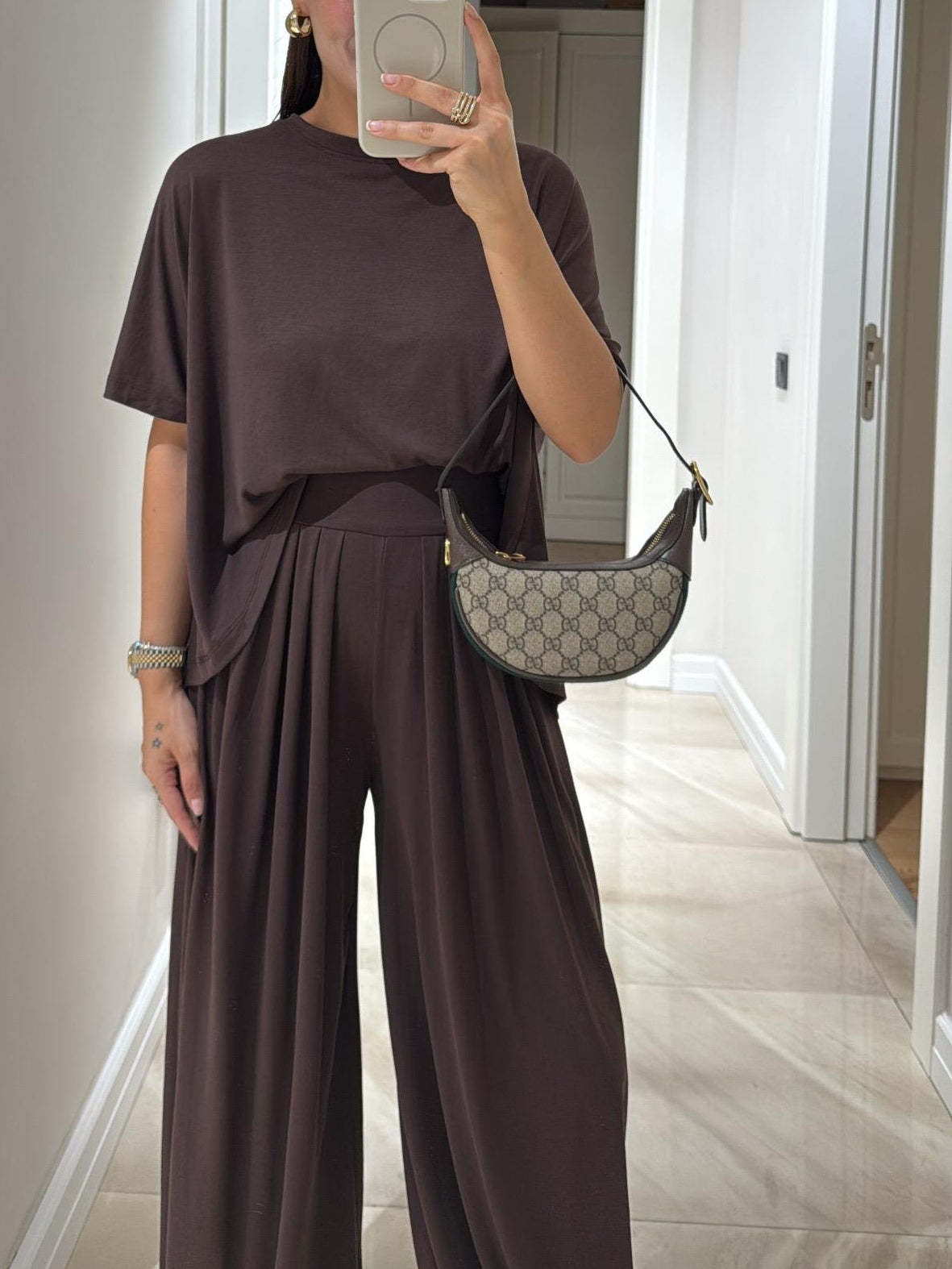 Light Grey Casual Top and Wide-leg Pants Set