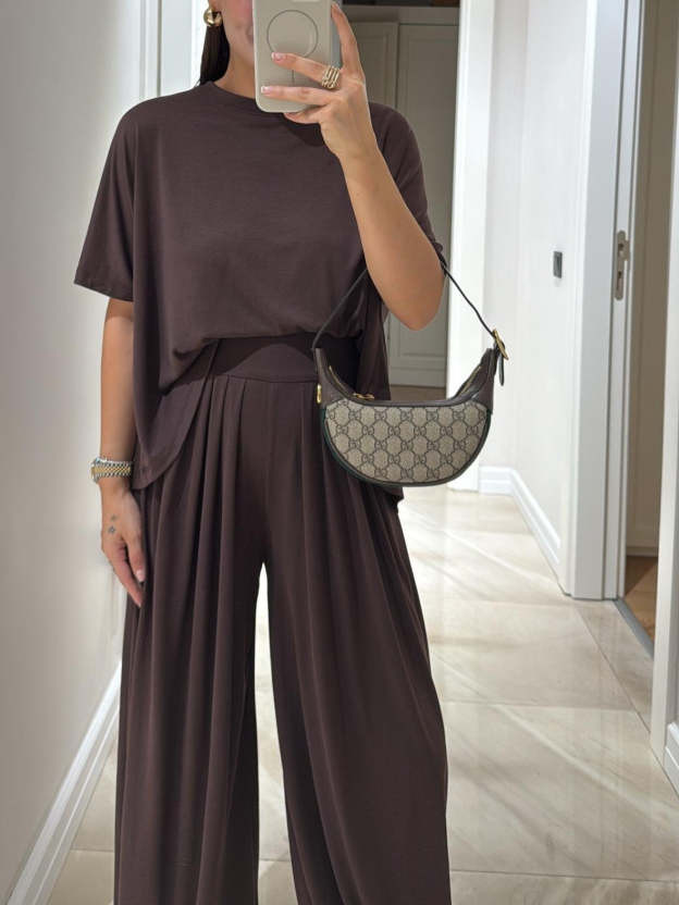 Light Grey Casual Top and Wide-leg Pants Set