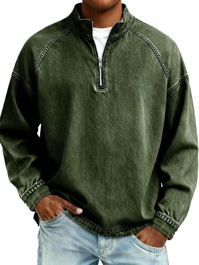 Men's Retro Distressed Raglan Sleeve Stand Collar Long-Sleeve Top