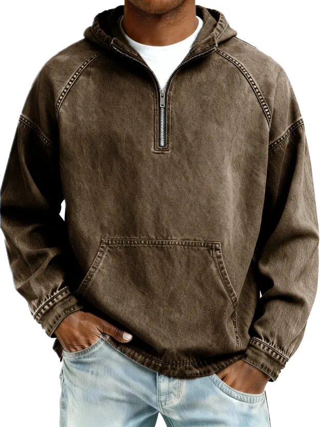 Men's Retro Distressed Raglan Sleeve Pocket Hooded Sweatshirt