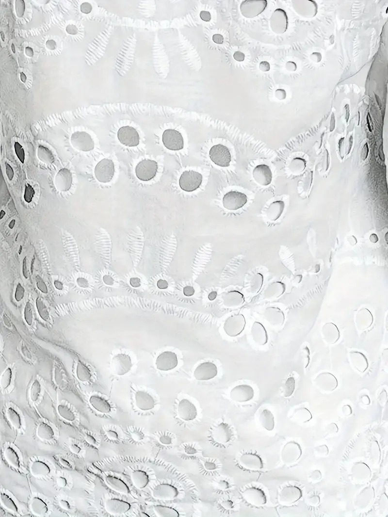 Elegant White Embroidered Eyelet Dress - Lightweight Polyester