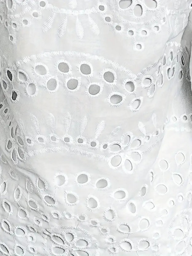 Elegant White Embroidered Eyelet Dress - Lightweight Polyester