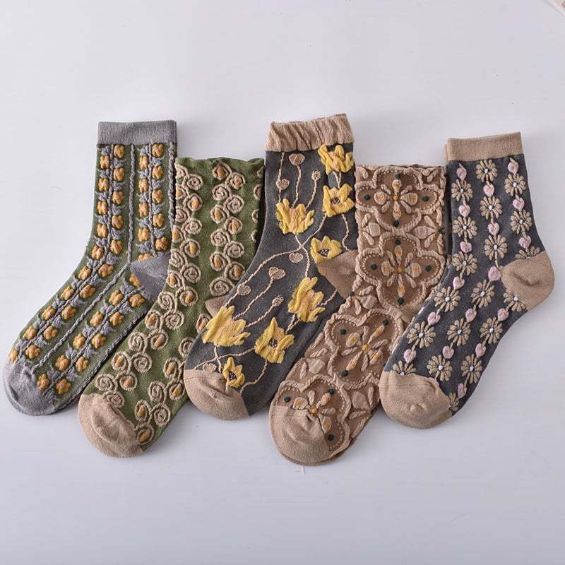 5 Pairs Women's Embossed Floral Cotton Socks