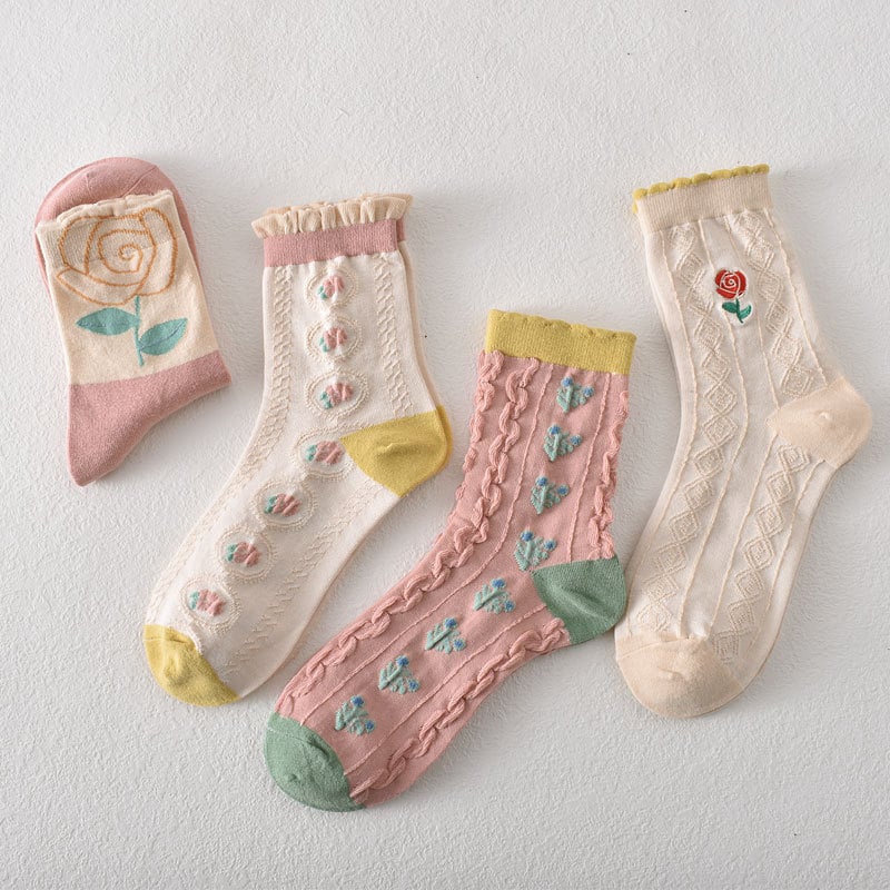 5 pairs of women's pink floral cotton socks