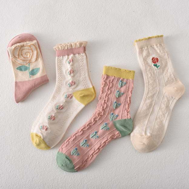 5 pairs of women's pink floral cotton socks