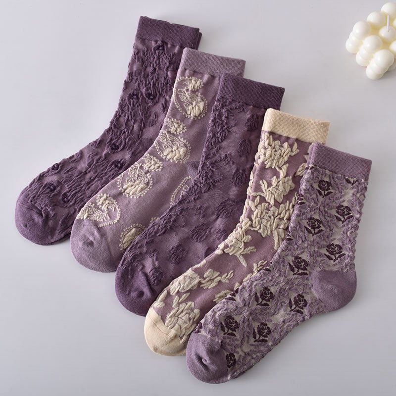 5 Pairs Women's Purple Vintage Floral Cotton Socks