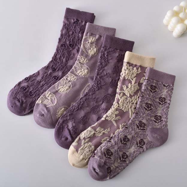 5 Pairs Women's Purple Vintage Floral Cotton Socks