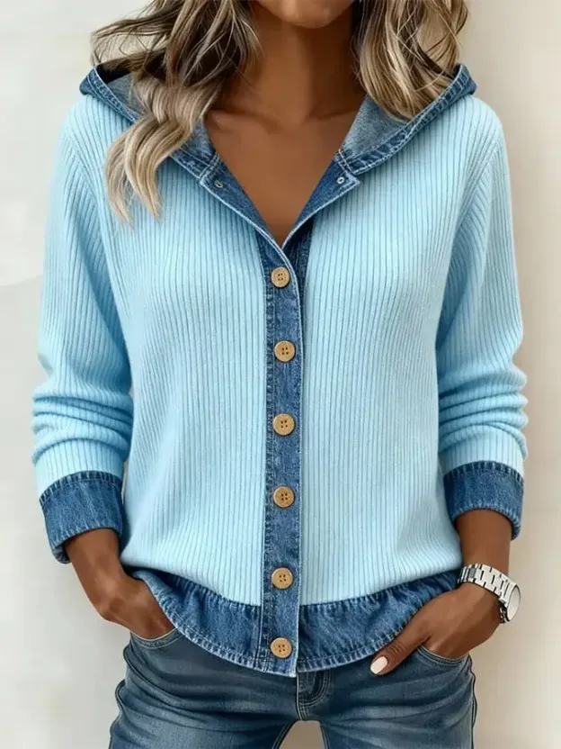 Women's Cashmere Knit Denim Hooded Cardigan