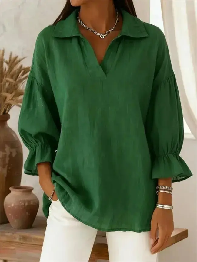 Women's Casual and Comfortable V-neck Lantern Sleeve Linen Shirt