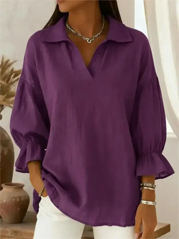 Women's Casual and Comfortable V-neck Lantern Sleeve Linen Shirt