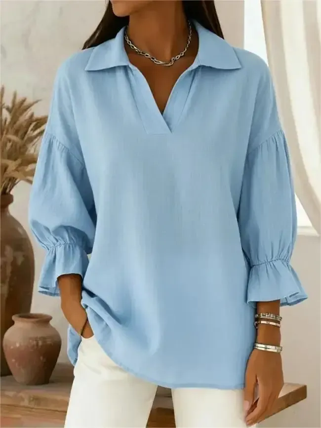 Women's Casual and Comfortable V-neck Lantern Sleeve Linen Shirt
