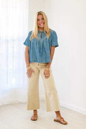 Denim Washed Loose Buttoned All-match Denim Short Sleeve T-shirt