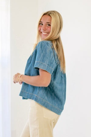 Denim Washed Loose Buttoned All-match Denim Short Sleeve T-shirt