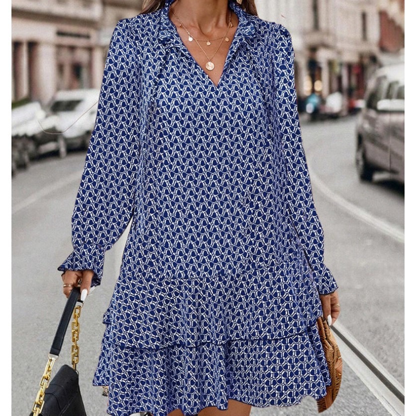 Bohemian hot-selling printed V-neck lace-up long-sleeved dress