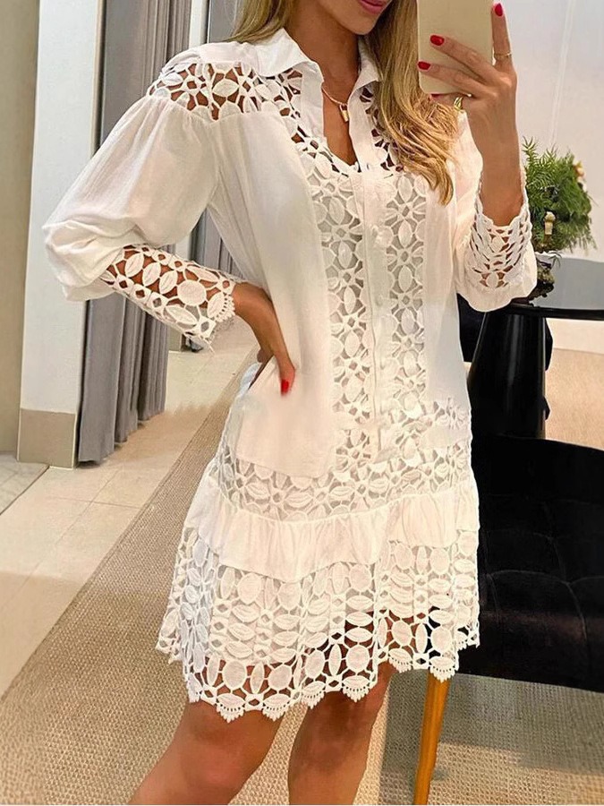 Elegant White Lace Dress for Women - Long Sleeve, Ruffled Hem, Eyelet Detailing, Perfect for Spring/Summer/Fall, Casual to Formal Wear, Polyester, Machine Washable
